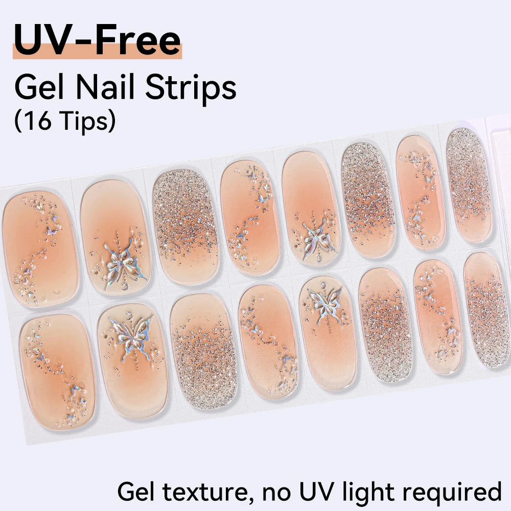 UV FREE Fully Cured Gel Nail Strips 16/22 Tips Self Adhesive Gel Nail Stickers DIY Nail Art Manicure DON'T NEED UV LAMP