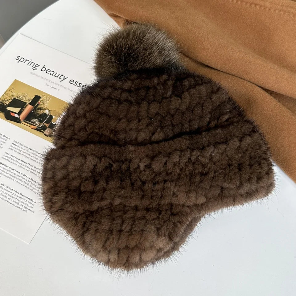 New Winter Ladies Real Mink Fur Hat Warm Thickened Ear Protection Knitted Cap Ladies Winter Fashion Accessories