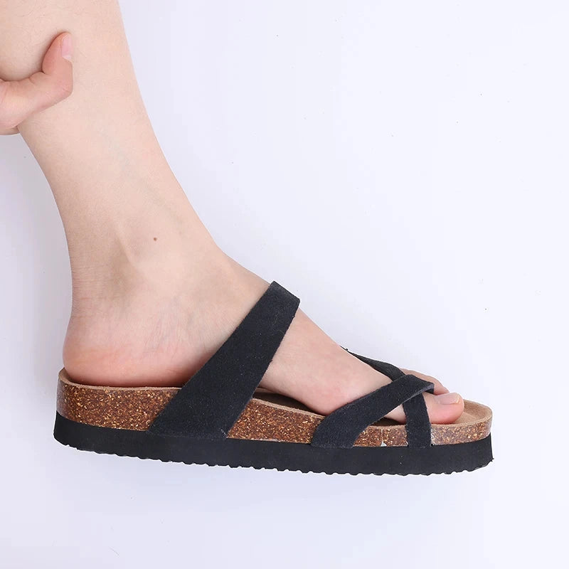 Comwarm Men's Cork Footbed Slides Sandals Arch Support Summer Outdoor Sandals with Adjustable Buckle Leisure Men Leather Slides