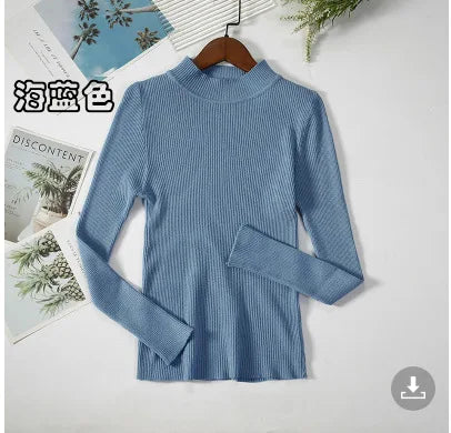 zjaiss 2026 Autumn Basic Bottoming Sweater Top Women Ribbed Soft Mock Neck Elastic Pullover Warm Solid Color Slim Jumper