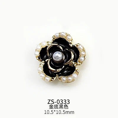 10PCS Glossy White Black Dimaonds Pearls Gold Edge Camellia Rose Flowers Metal Nail Art Rhinestones Jewelry Manicure Decorations