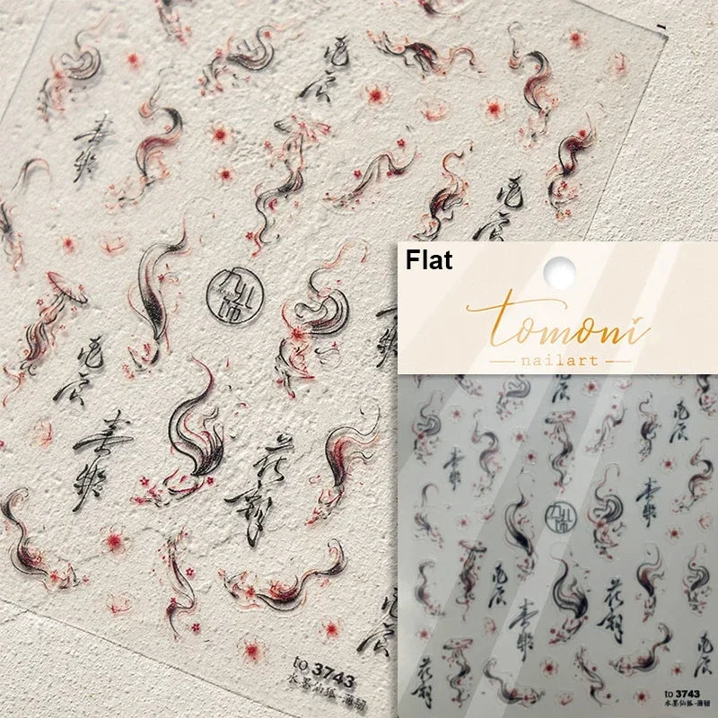 Elegant Chinese Charm Shiny Nine-tailed Fox Mask Red Equinox Flowers Tragedy Love Soft Reliefs Nail Art Stickers Manicure Decals