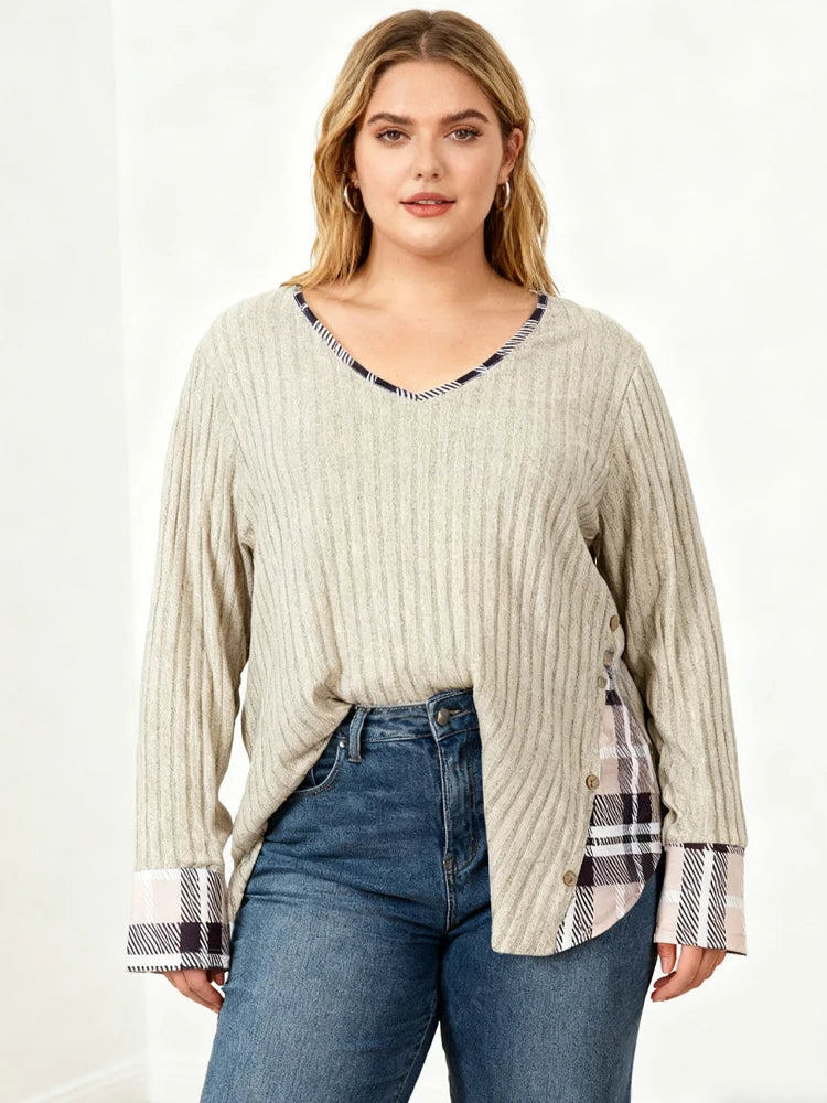Clearance Plus Size Women's Sweater Winter Large Size Color Block V-Neck Pullover Warm Big Size Female Clothing Strip Splice Top