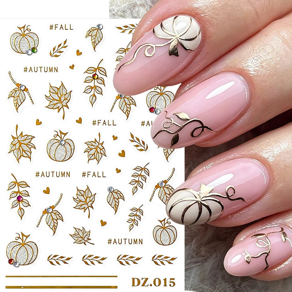 2pcs Golden Pumpkin Maple Leaf Nail Stickers Shiny Nail Art Decals Autumn Fall Mini Heart Leaves Manicure Decoration Accessories