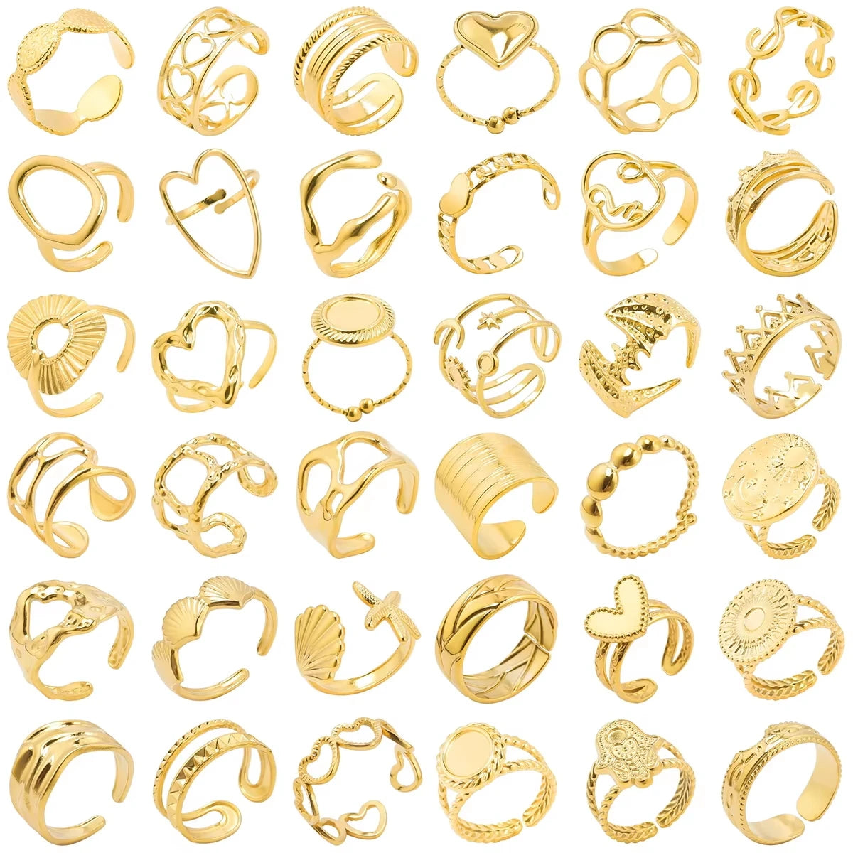 6pcs/lot Wholesale Various Chunky Rings Real Gold Plated Love Abstract DIY Shell Star Sun Bat Shaped Rings Women Jewelry Gifts