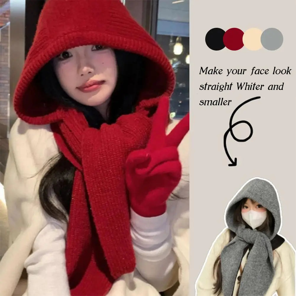 Winter Hats for Women Knitted Polyester Hooded Scarf Hat for Women Balaclava Knit Skull Cap Beanie Hat