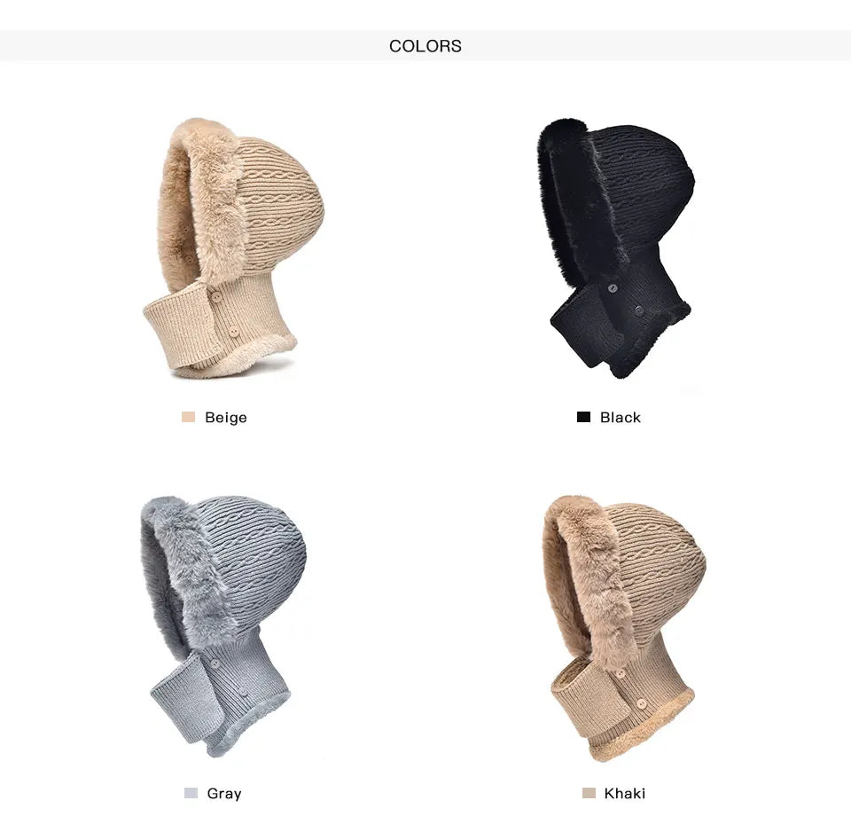 BeauToday Winter Knitted Hat Women Faux Fur Ear Protection Beanies Female Hooded Neck Collar Adjustable Earflap Caps 96502