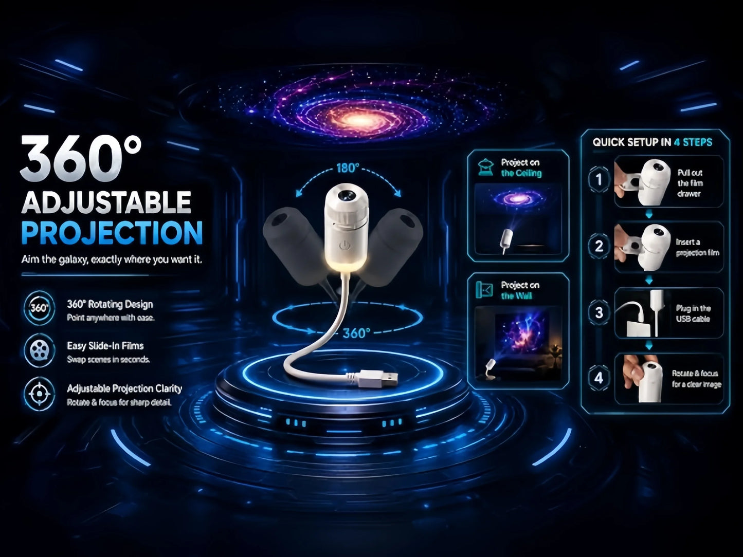 Galaxy Star Projector, 2-in-1 Portable Lamp with 12 Slides, 360° Adjustable Eye-Care LED Night Light for Bedroom Car Decor Gift