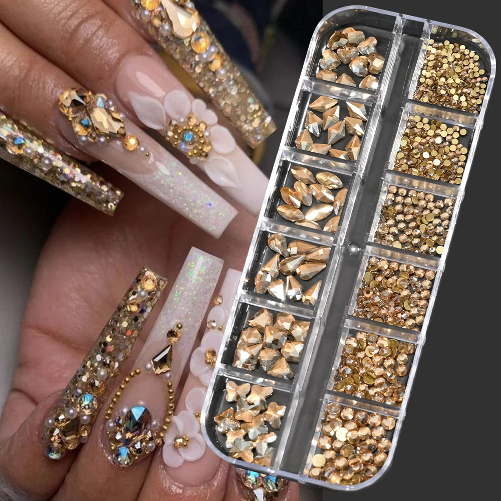 12Grids 3D Gold/Champagne Nail Art Rhinestones Mixed-Shapes Flat-Back Glass Diamonds Nails Charms Luxury DIY Manicure Decoration