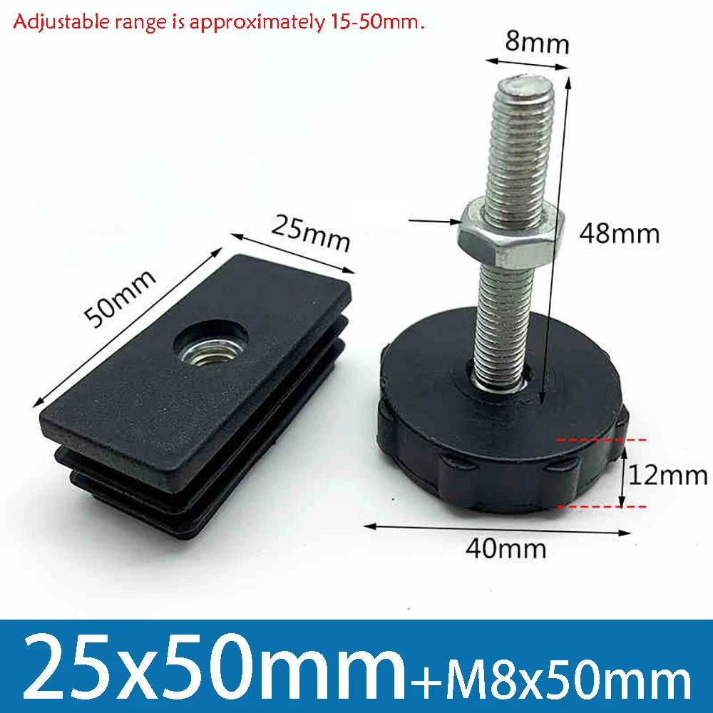 1-10Pcs Table Leg Plug With Nut and Adjustable Feet M8/M0x50/100mm Black Square/Round Furniture Rack Height Adjustable Foot Cup