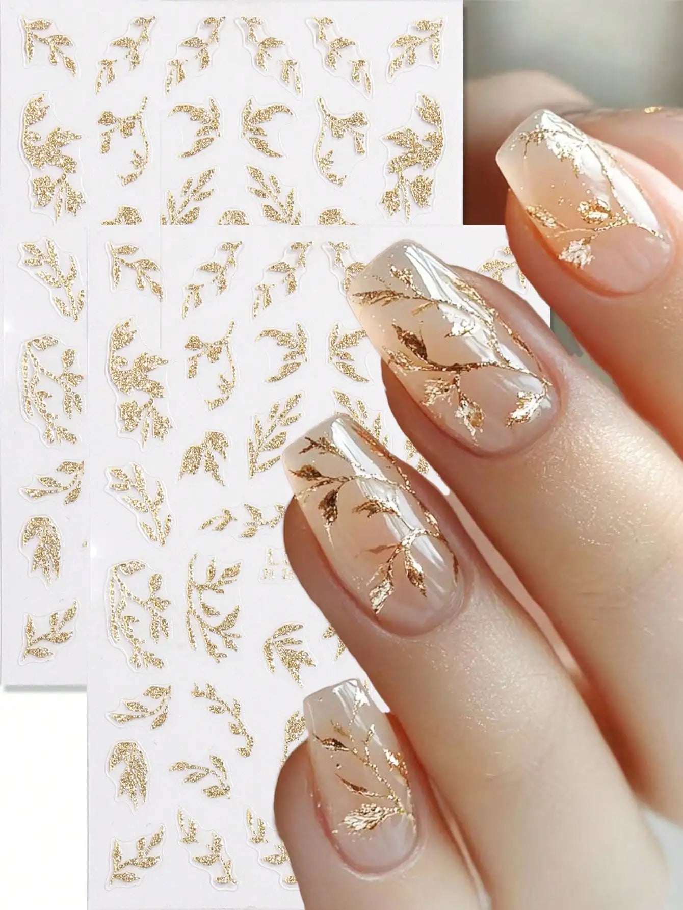 3D Hellgoldene Glitzer Blatt Nail Art Aufkleber Glänzender Glitzer Blätter Design selbstklebende Nail Art Dekorationen für DIY