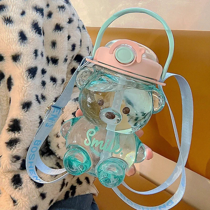 1000ml Large Capacity Cute Bear Water Bottle 2 in 1 Straw Cup for Girls Children  BPA Free Leakproof for School Sports Gift