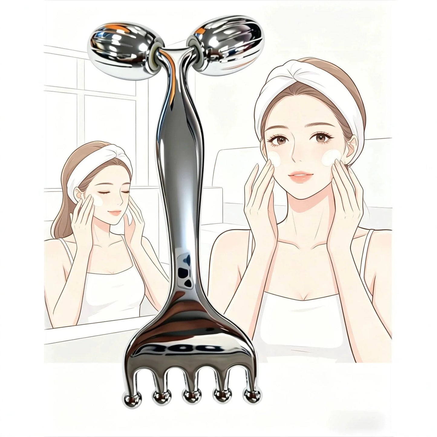 Stainless Steel Face Roller & Gua Sha, Facial Massager with Scalp Comb, Skin Lifting & Puffiness Reducing Massage Tools for Face
