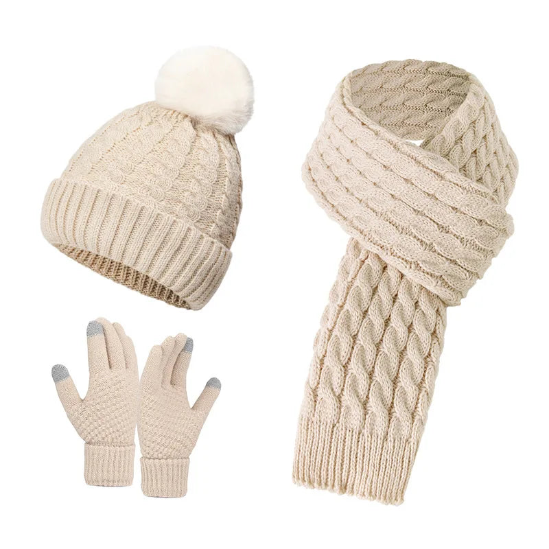 Women Winter 3Pcs Set Pom Pom Beanie Hat Scarf Touch Screen Gloves Sequin Knitted Warm Outdoor Accessories Christmas Gifts