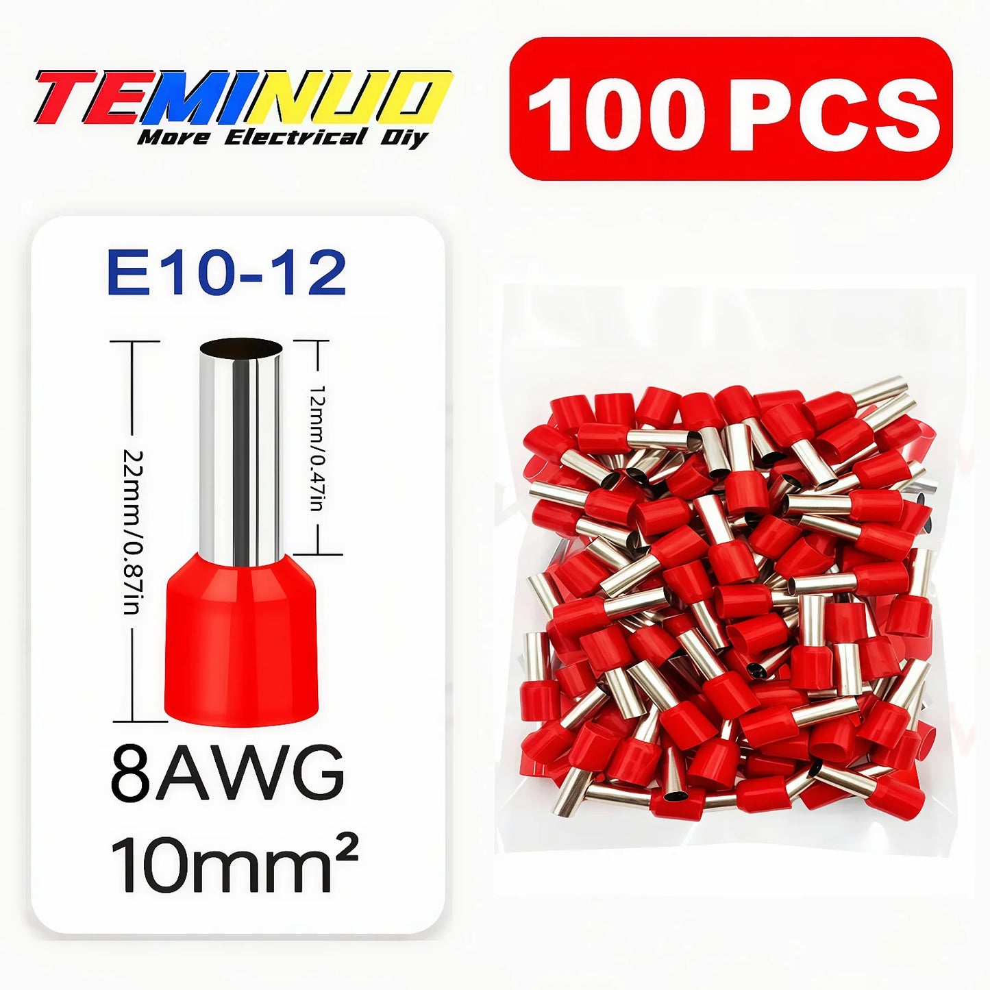 100PCS Insulated Cord End Terminals, AWG 22-6 Wire Ferrules Crimp Connectors, E7508/E1008/E1508/E2508/E4009/E6012/E10-12/E16-12