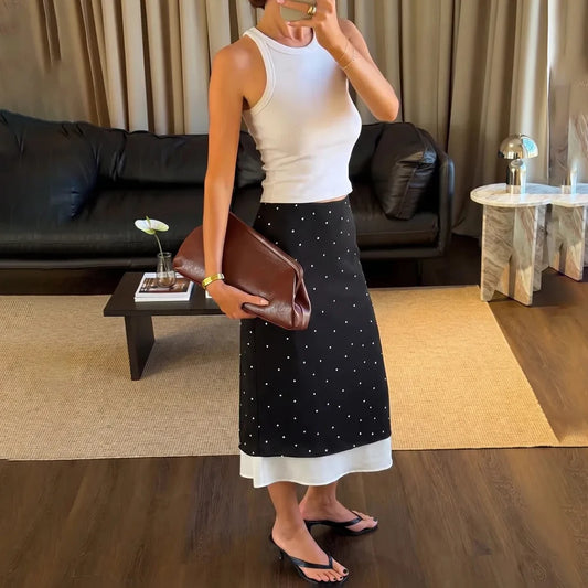 Talenza Women's Elegant Polka Dot Maxi Skirt Summer Print Contrast Slit Patchwork Casual Skirt Vintage High Waist Female Skirts
