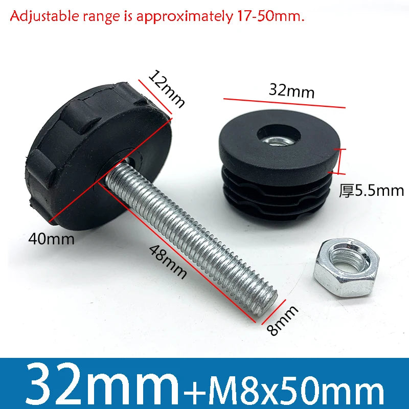 1-10Pcs Table Leg Plug With Nut and Adjustable Feet M8/M0x50/100mm Black Square/Round Furniture Rack Height Adjustable Foot Cup