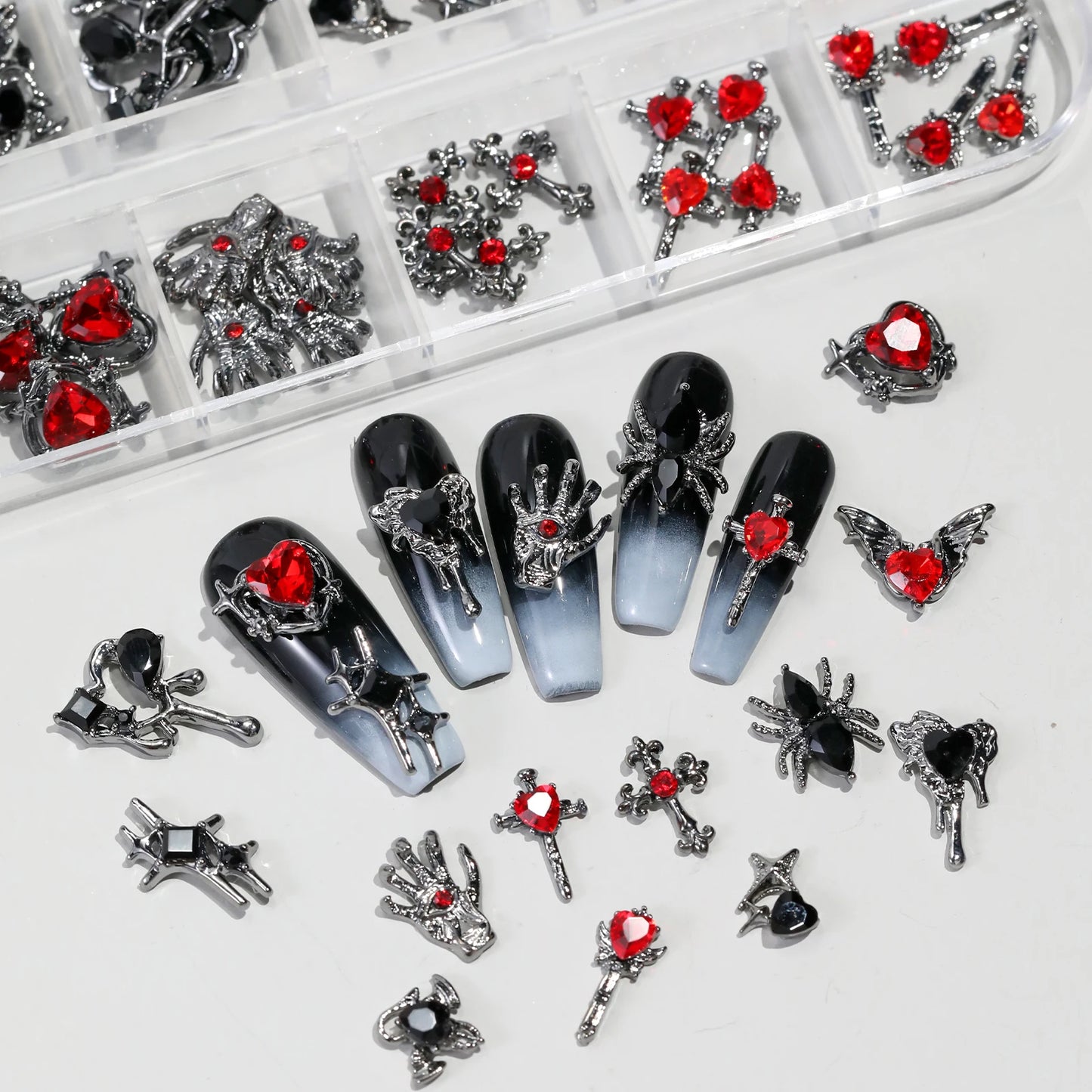 12 Grid Retro Alloy Nail Art Jewelry Gothic Punk Style Y2k Heart-Shaped Cross Spider Pattern DIY Nail Decoration Accessories