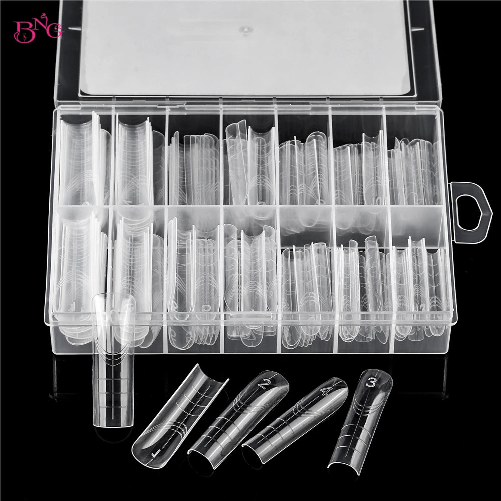 BNG 140Pcs Poly Extension Gel Dual Nail Forms Square Clear Nail Forms Full Cover Nail Molds 14 Sizes