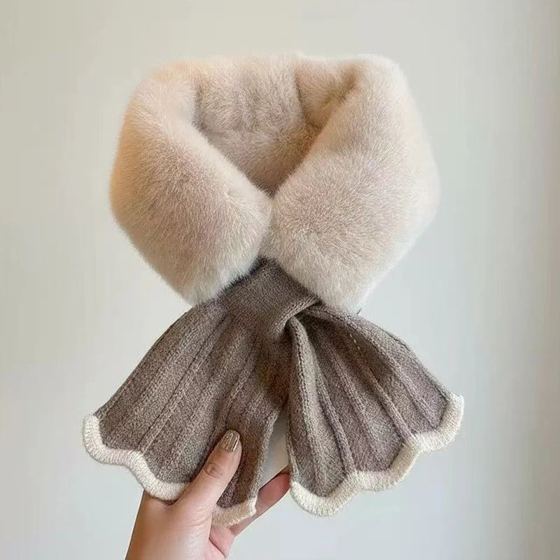 Winter Warm Cross Collar Women Scarf; Plush Thick Imitation Rabbit Fur; Windproof Neck Warmer for Outdoor Cycling