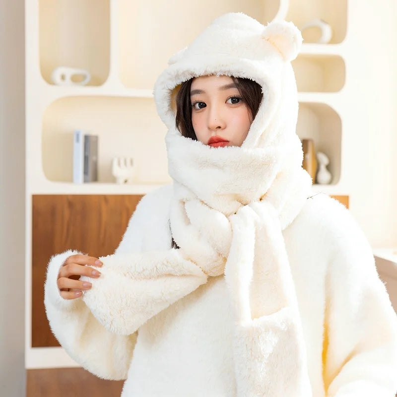 Winter Cute Bear Hat Scarf Gloves Set Plush Thickened Warm Ear Protection Hooded Beanie Shawl Mittens Cozy Daily Accessory