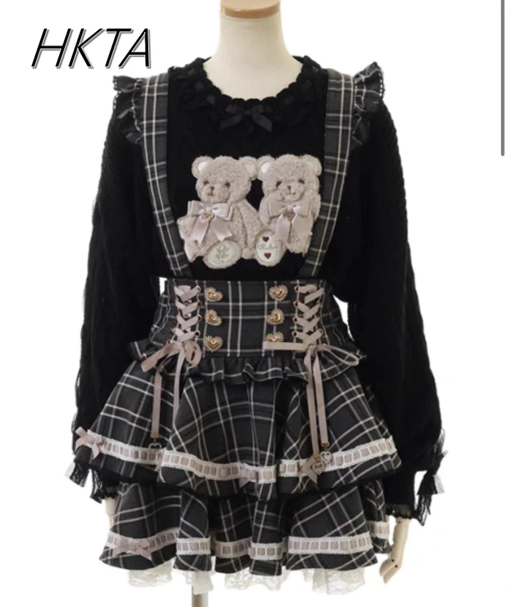 Original Japanese Mines Lolita Strap Skirts Women High Waist and Thin Frilly Pleated Skirt College Style Liz Girl Plaid Skirt