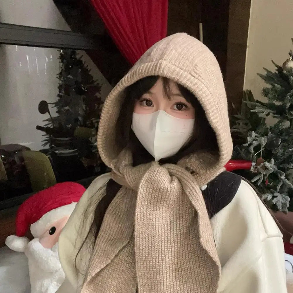 Winter Hats for Women Knitted Polyester Hooded Scarf Hat for Women Balaclava Knit Skull Cap Beanie Hat