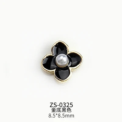 10PCS Glossy White Black Dimaonds Pearls Gold Edge Camellia Rose Flowers Metal Nail Art Rhinestones Jewelry Manicure Decorations