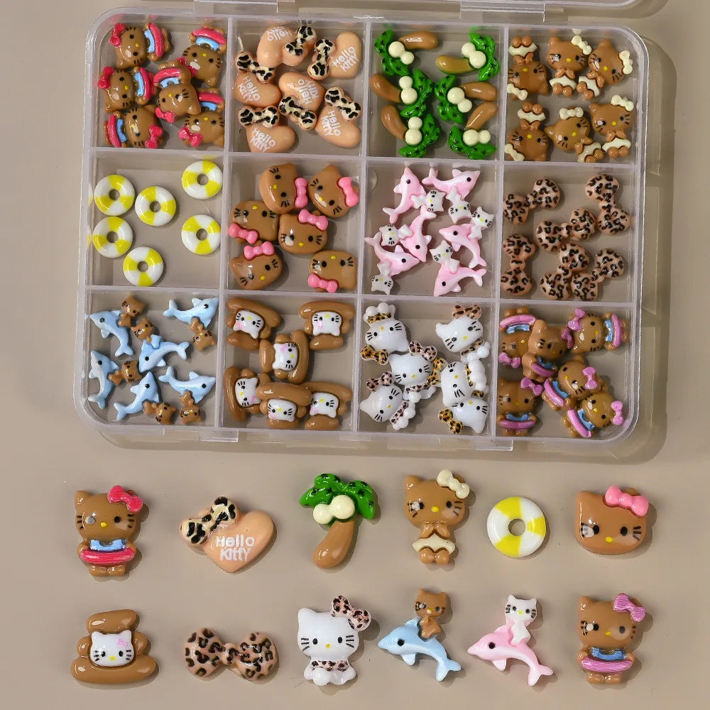50Pcs Leopard Print Hello Kitty Nail Charms 3D Resin Cartoon Kitty Nail Parts DIY Manicure Decor Accessories