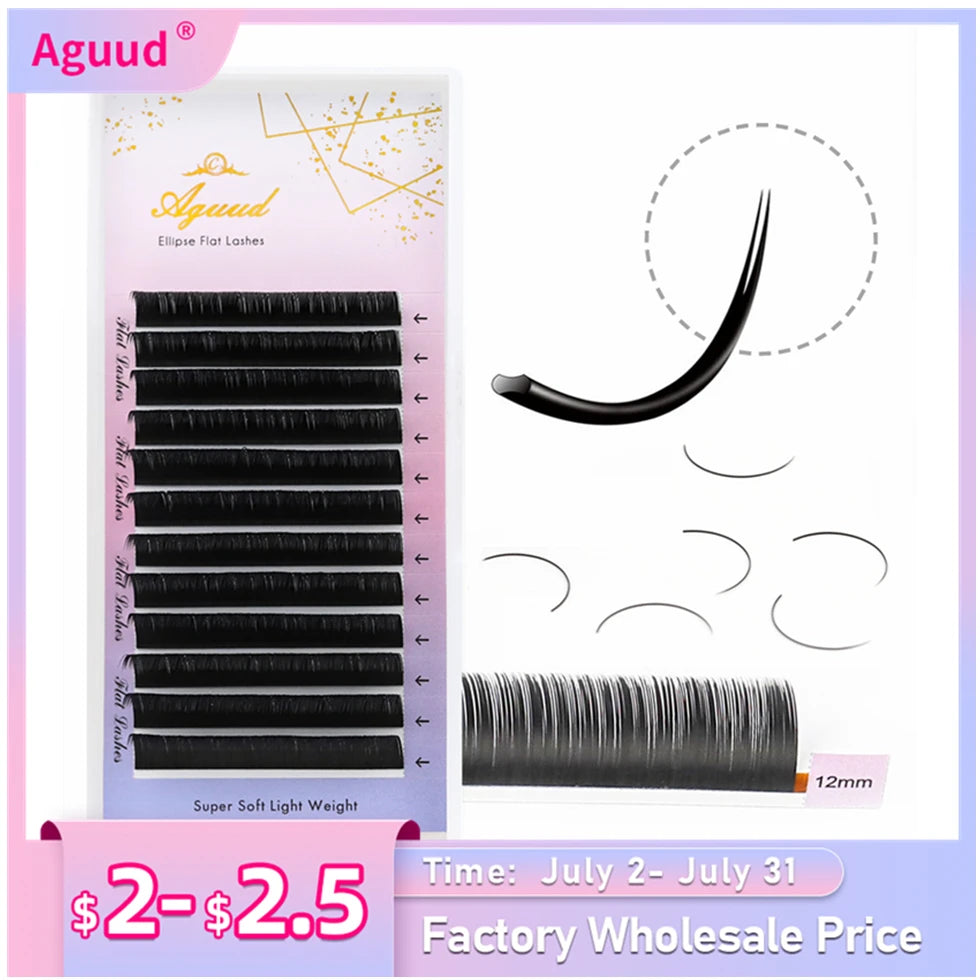 AGUUD Ellipse Flat False Eyelash Extensions Natural Soft Split-Tip Faux Mink Lashes Individual Soft Eyelashes B C CC D DD Cur