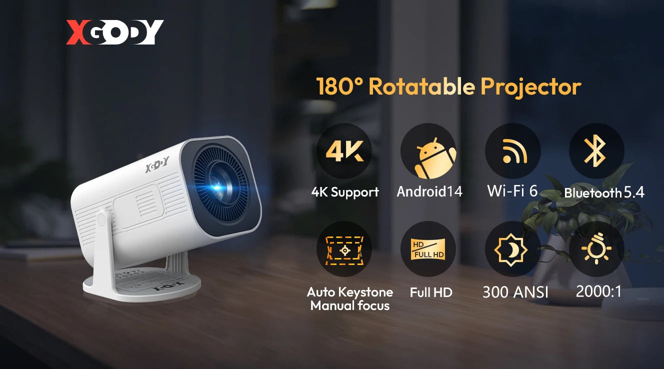 XGODY Gimbal 3 Pro Mini Smart Projector, 300 ANSI, Native 720P, Android 14, WiFi 6 & BT 5.4, Auto Keystone Correction, Wireless Screen Mirroring, 20-120 Inch HD Home Theater Projector for Bedroom Movies Gaming, Support HDMI U