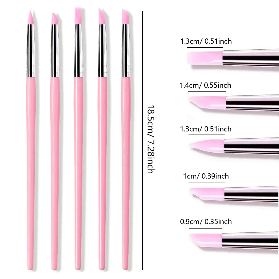 5Pcs/Set Silicone Nail Brush Carving Emboss Hollow Gel Shaping Pink Nail Art Pen DIY Dotting Manicure Tools Accessories