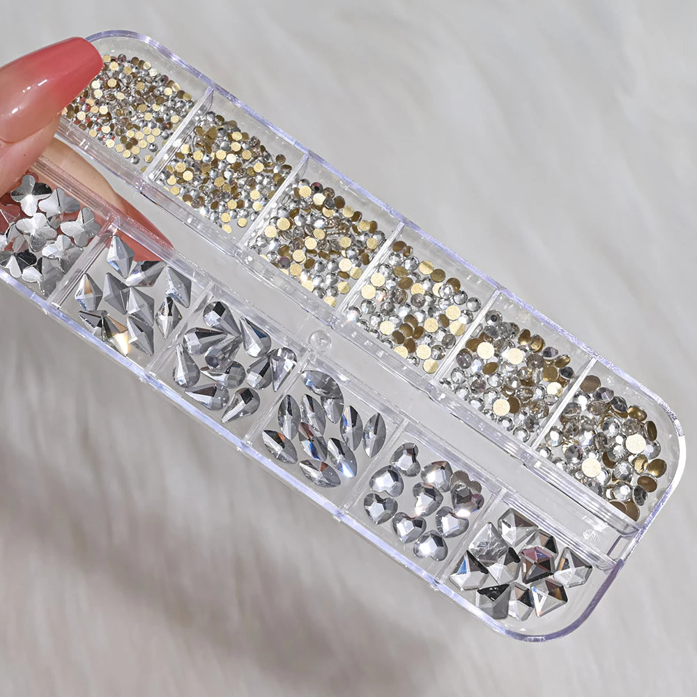 12Grids 3D Gold/Champagne Nail Art Rhinestones Mixed-Shapes Flat-Back Glass Diamonds Nails Charms Luxury DIY Manicure Decoration