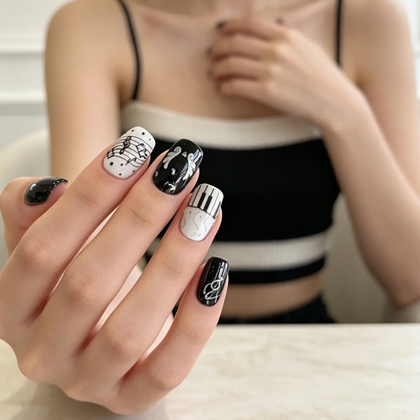 Black White Piano Note Nail Stickers Retro Music Style Sweet And cool Nail Stickers 3D Self-adhesive Nail Art Decorative Decals