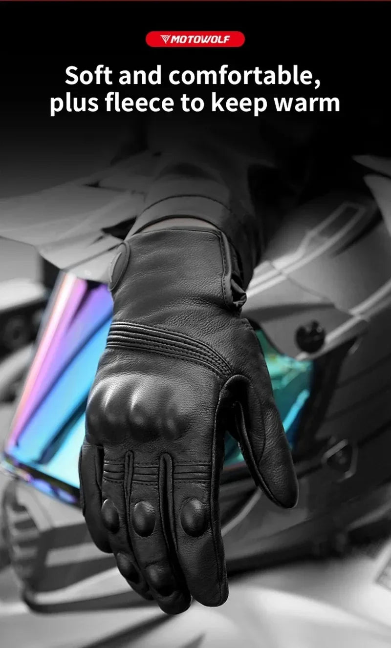 Motowolf Winter Motorcycle Bike Warmer Gloves Windproof Thermal Touch Screen for Men Women Genuine Leather Riding Accessories