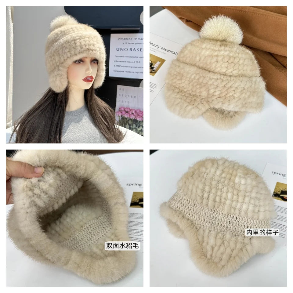 New Winter Ladies Real Mink Fur Hat Warm Thickened Ear Protection Knitted Cap Ladies Winter Fashion Accessories