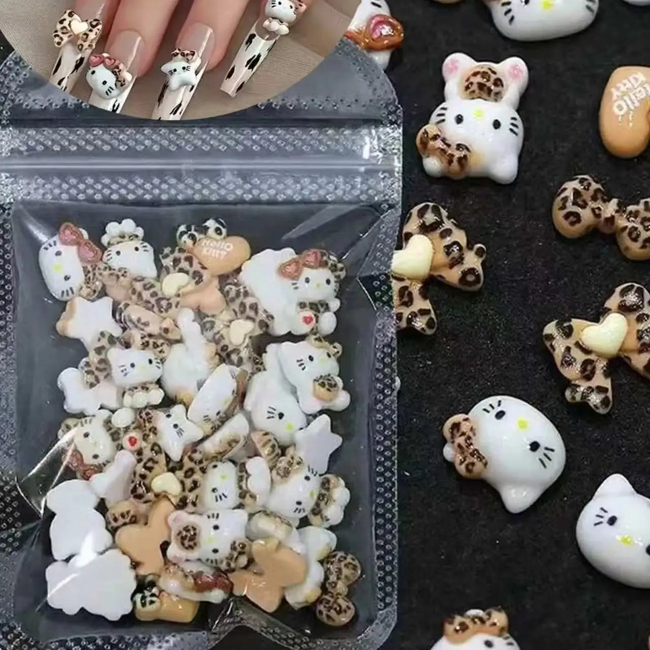 50Pcs Leopard Print Hello Kitty Nail Charms 3D Resin Cartoon Kitty Nail Parts DIY Manicure Decor Accessories