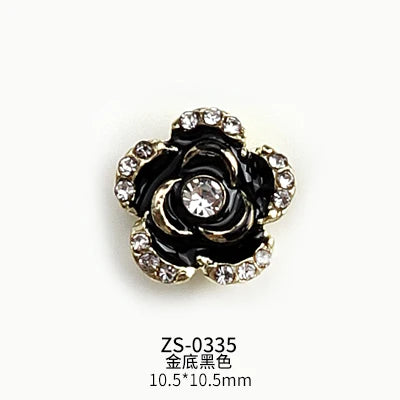10PCS Glossy White Black Dimaonds Pearls Gold Edge Camellia Rose Flowers Metal Nail Art Rhinestones Jewelry Manicure Decorations