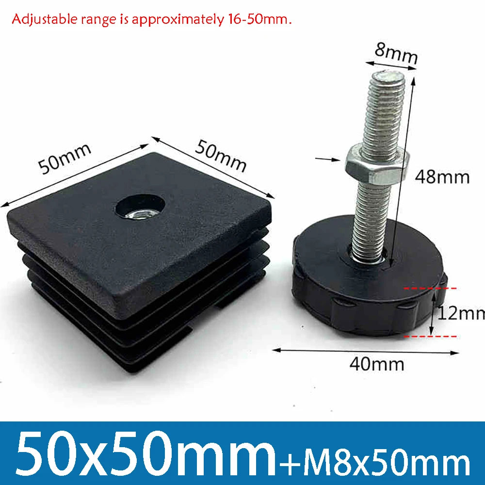 1-10Pcs Table Leg Plug With Nut and Adjustable Feet M8/M0x50/100mm Black Square/Round Furniture Rack Height Adjustable Foot Cup
