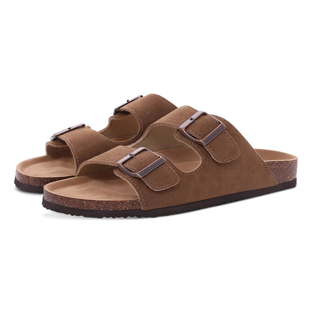 Comwarm Men's Cork Footbed Slides Sandals Arch Support Summer Outdoor Sandals with Adjustable Buckle Leisure Men Leather Slides