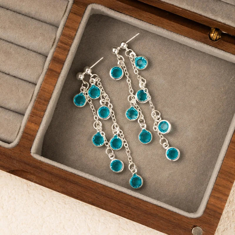 Sparkling Blue Crystal Water Droplet Tassel Earrings with Elegant Long Style And Unique Design For Women's Earrings