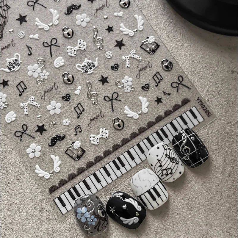 Black White Piano Note Nail Stickers Retro Music Style Sweet And cool Nail Stickers 3D Self-adhesive Nail Art Decorative Decals