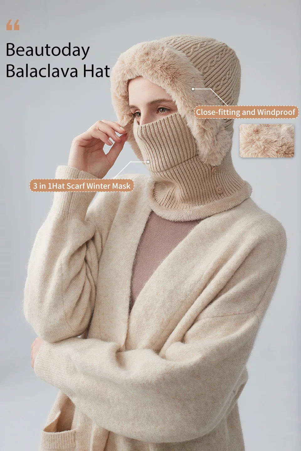 BeauToday Winter Knitted Hat Women Faux Fur Ear Protection Beanies Female Hooded Neck Collar Adjustable Earflap Caps 96502