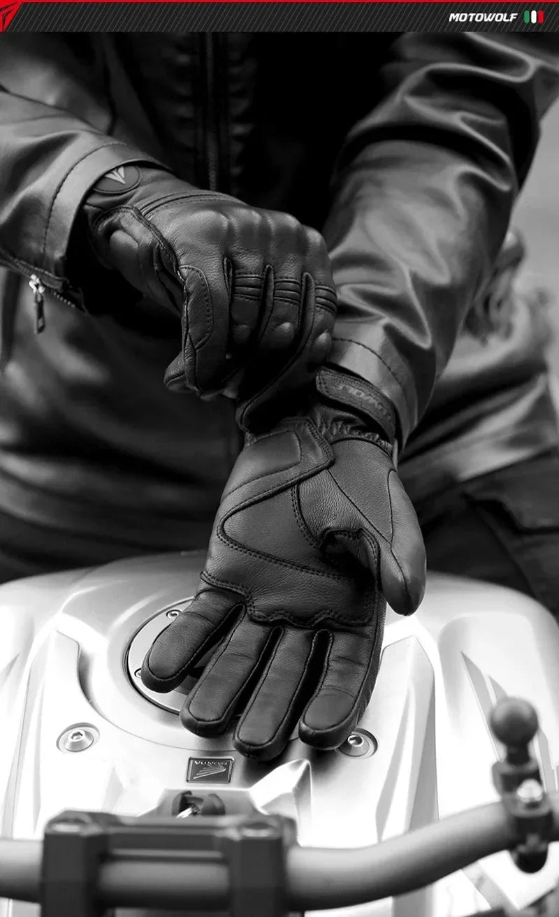 Motowolf Winter Motorcycle Bike Warmer Gloves Windproof Thermal Touch Screen for Men Women Genuine Leather Riding Accessories