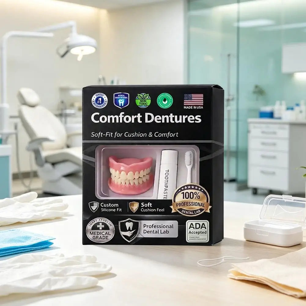 Moldable Silicone Denture Set, Upper & Lower Natural Ivory False Teeth Kit, Instant Smile with Toothbrush & Toothpaste