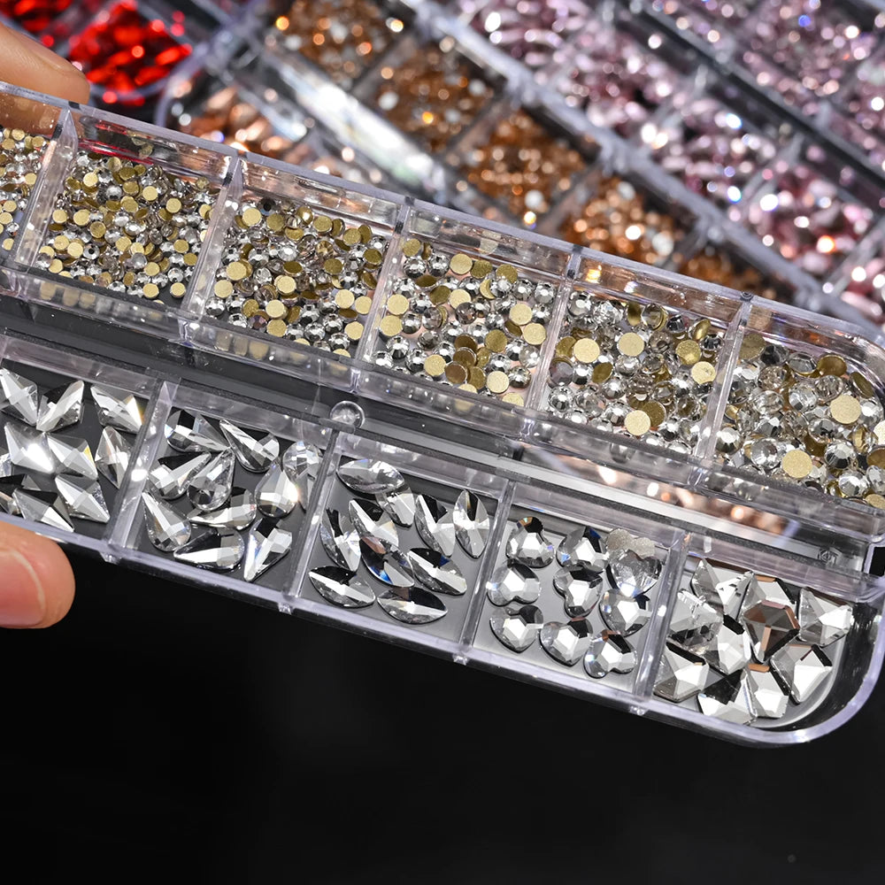 12Grids 3D Gold/Champagne Nail Art Rhinestones Mixed-Shapes Flat-Back Glass Diamonds Nails Charms Luxury DIY Manicure Decoration