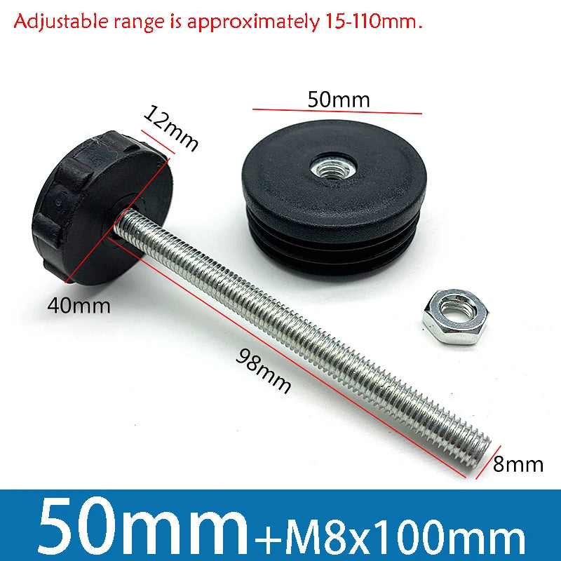 1-10Pcs Table Leg Plug With Nut and Adjustable Feet M8/M0x50/100mm Black Square/Round Furniture Rack Height Adjustable Foot Cup
