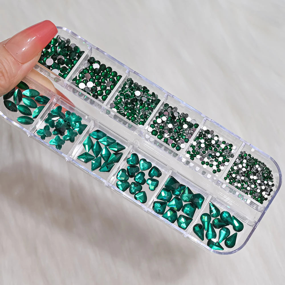 12Grids 3D Gold/Champagne Nail Art Rhinestones Mixed-Shapes Flat-Back Glass Diamonds Nails Charms Luxury DIY Manicure Decoration