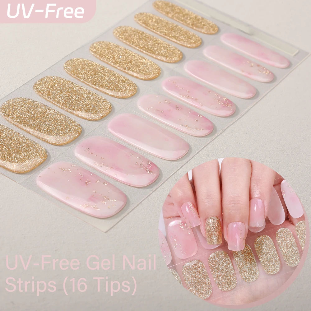 UV FREE Fully Cured Gel Nail Strips 16/22 Tips Self Adhesive Gel Nail Stickers DIY Nail Art Manicure DON'T NEED UV LAMP