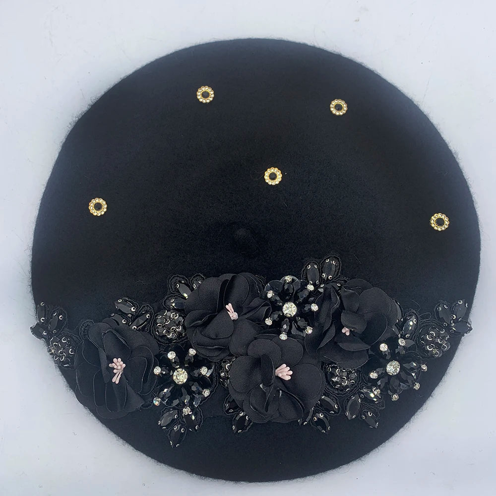 Winter Unique Designer Berets for Women Luxury Rhinestone Bouquet Turban Cap Exaggerated Painter Hat Female Winter Headpiece
